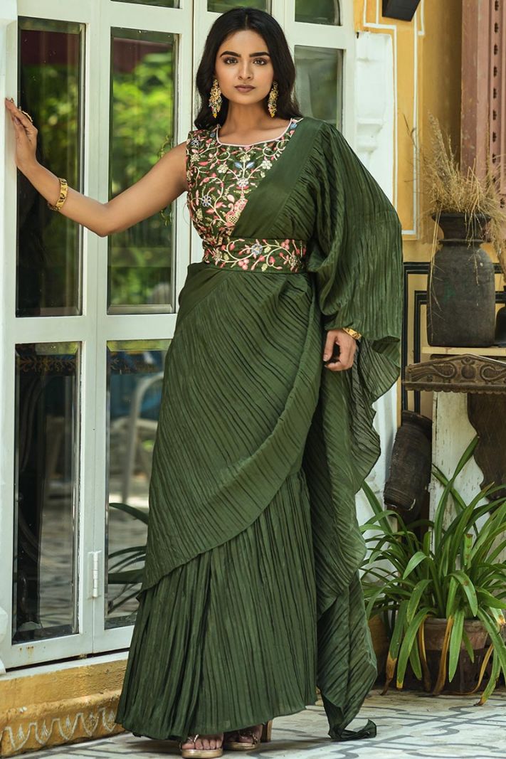 Pleated Silk Saree in Olive Green Color