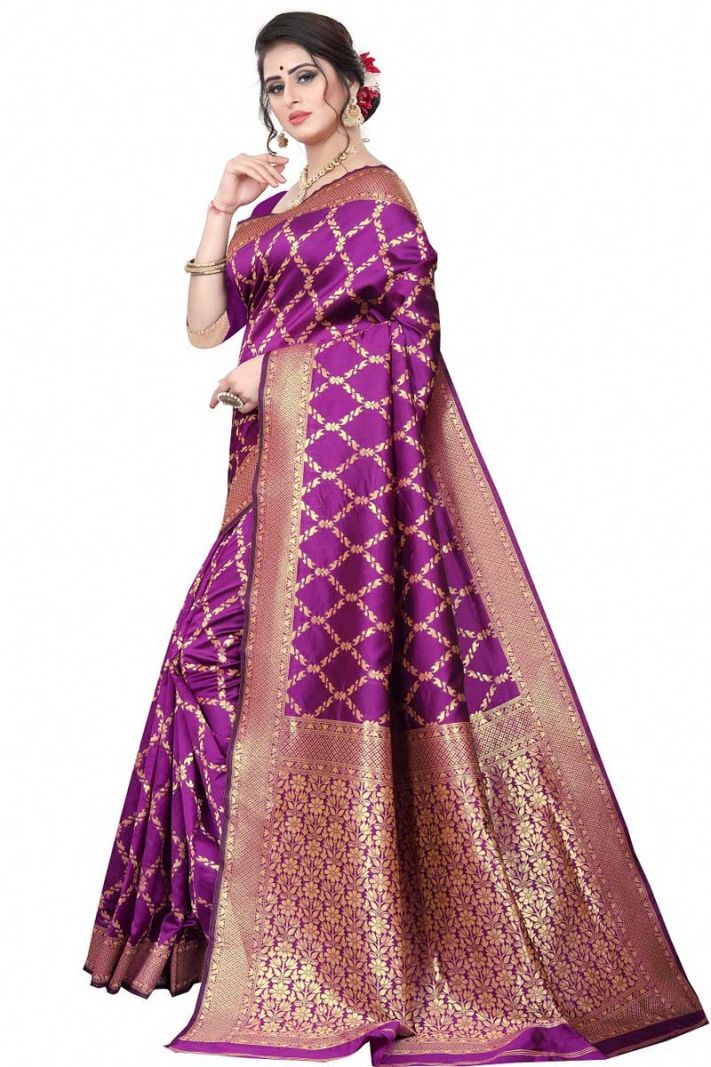 Purple Banarasi Cotton Silk Saree with Blouse