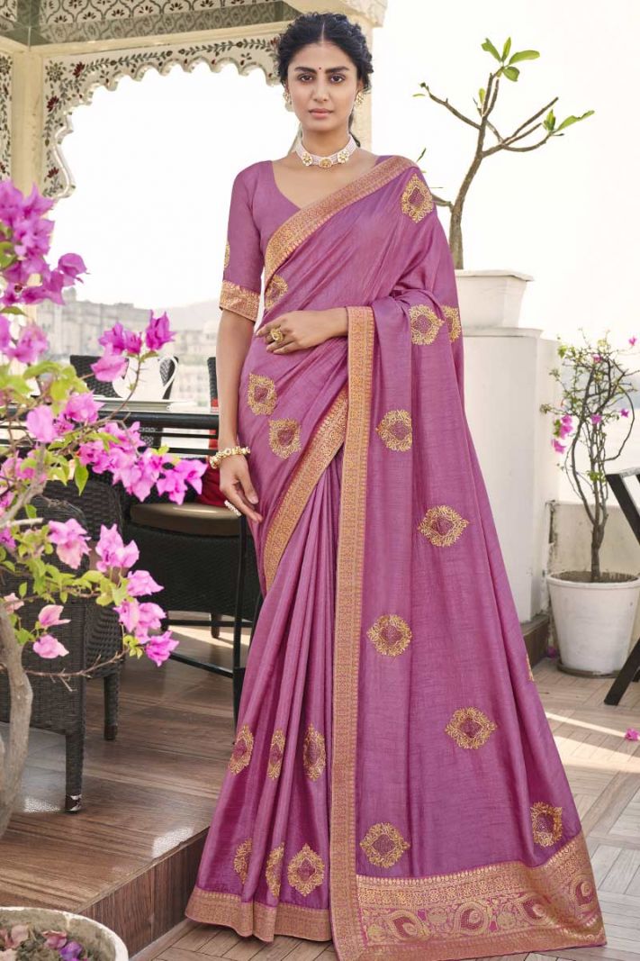 Purple Dola Silk Saree With Purple Blouse