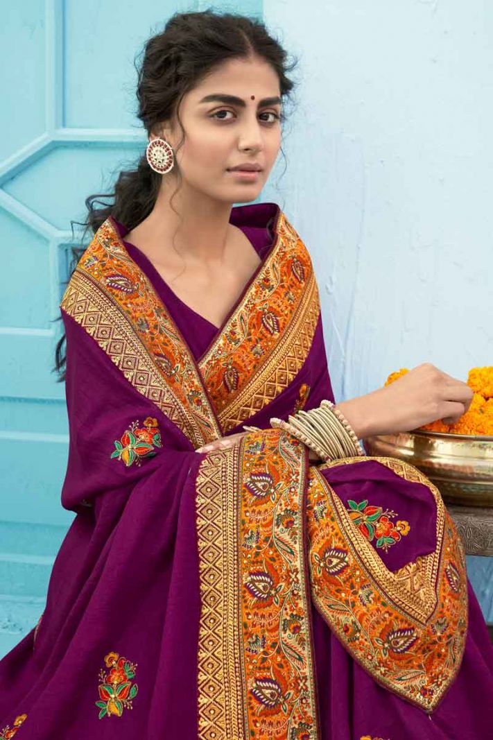 Purple Silk Saree With Thread Embroidery