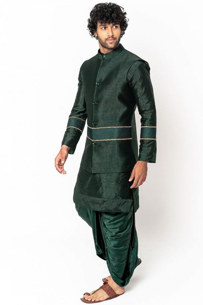 Raw Silk Fabric Kurta Dhoti Set in Green Color