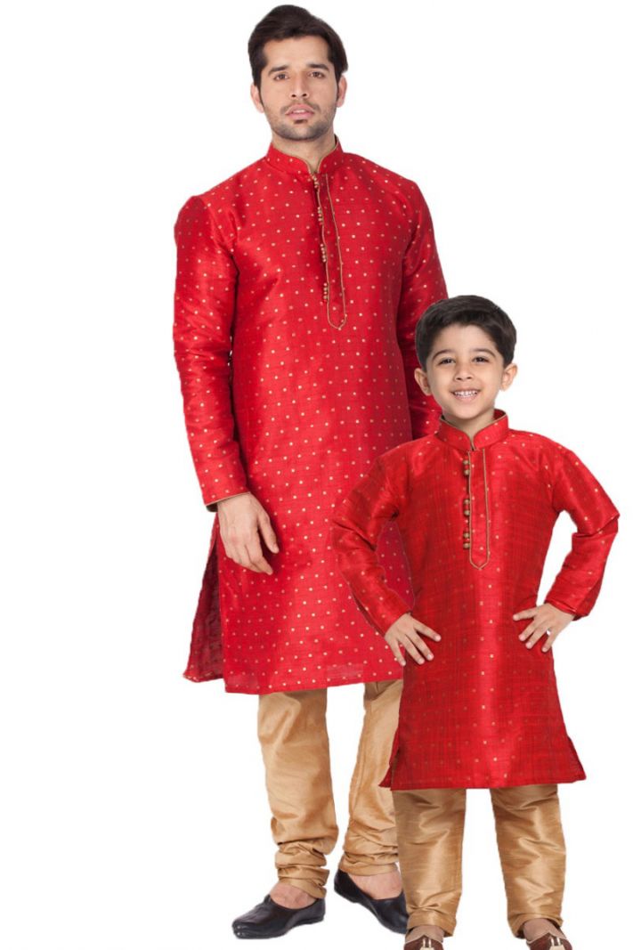 Red and Light Brown Kurta Pajama Set For Diwali