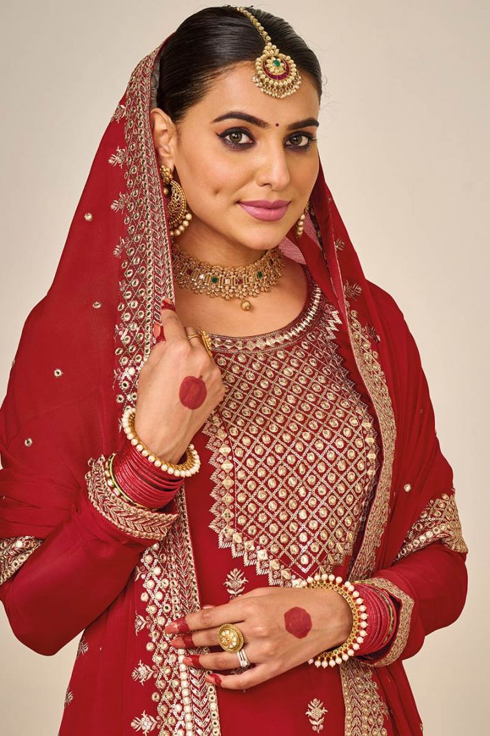 Red Color Heavy Faux Georgette Bridal Wear Fabric Palazzo Suit