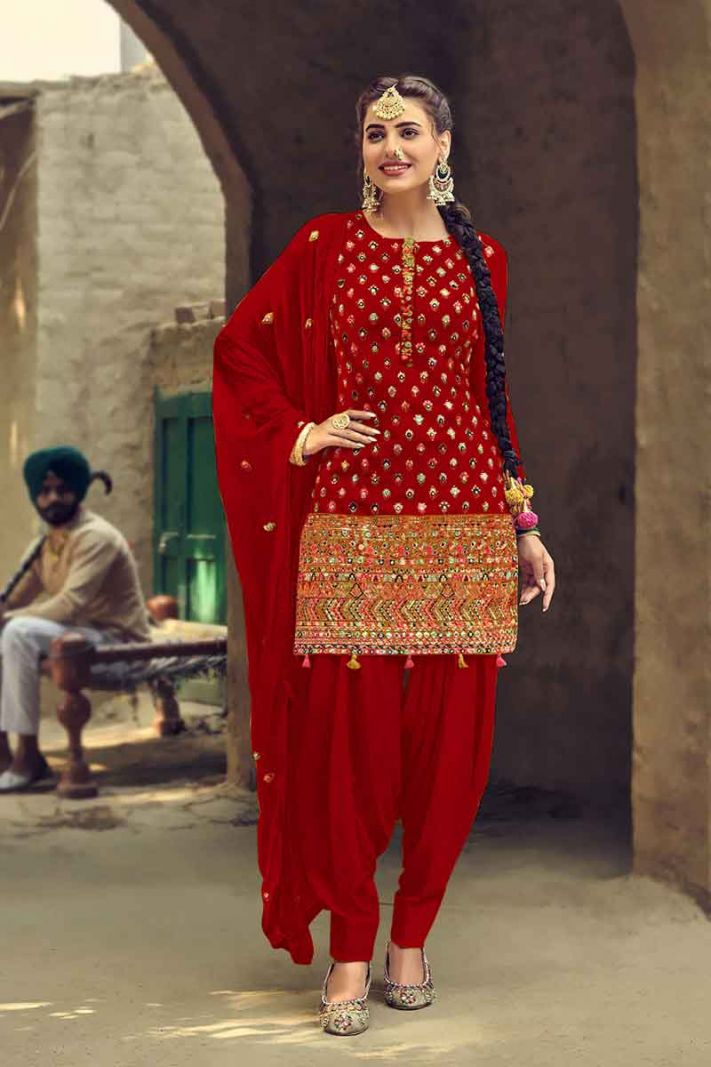 Red Georgette Patiyala Suit With Thread Embroidery