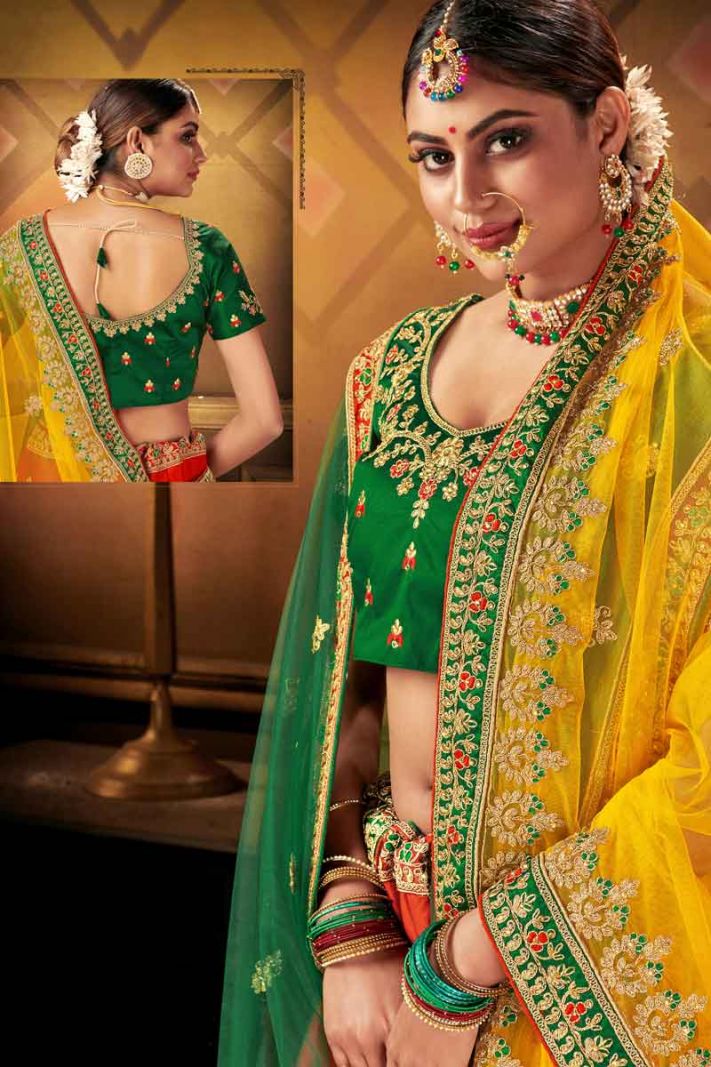 Red Satin Silk Lehenga Choli With Jari And Dori Embroidery