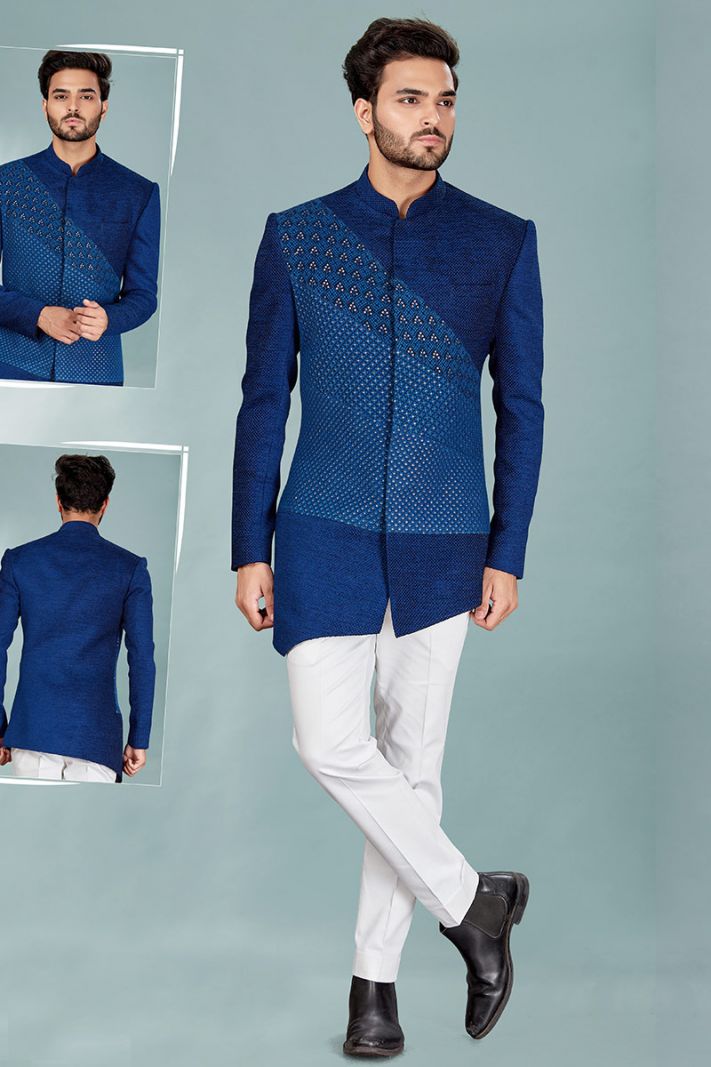 Royal Blue Lucknowi & Jute Indowestern with Cream Ivory Trouser For Party