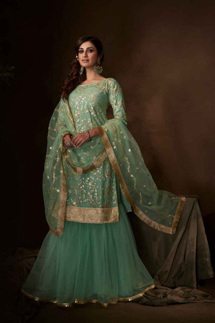 Sea Green Net Heavy Designer Sharara Suit With Jari Embroidery And Sequence Work
