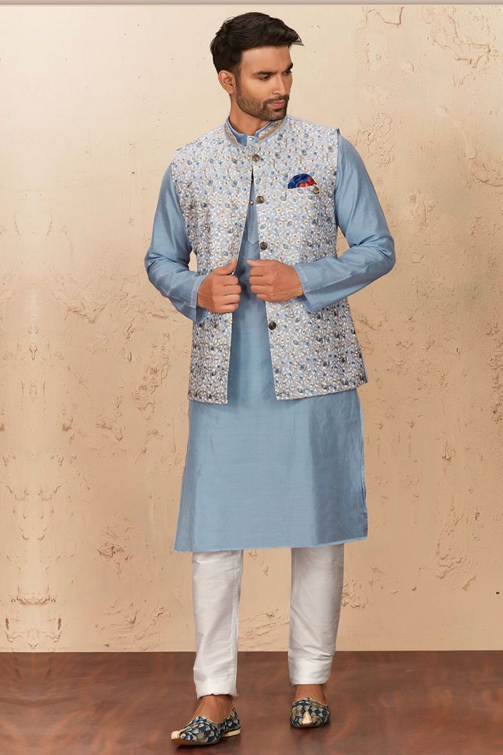 Sky Blue Kurta and White Churidar Pajama with Chanderi Silk Waistcoat