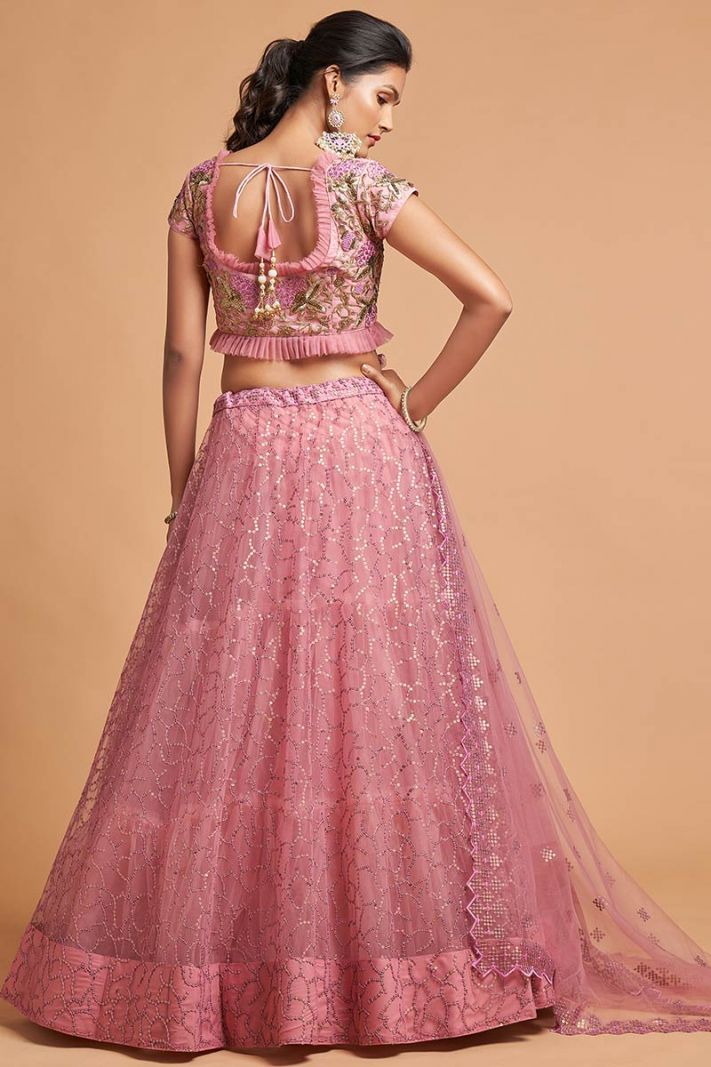 Soft Net Fabric Blush Pink Color Lehenga Choli with Zari Work