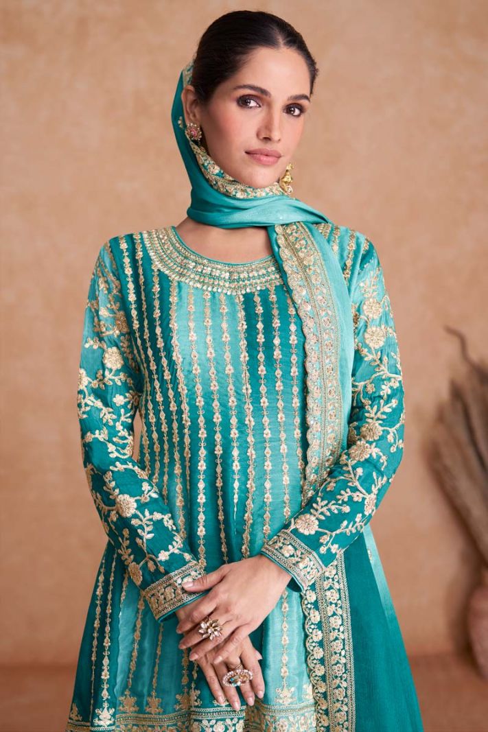 Teal Blue Real Chinon Sequins Work Garara Suit