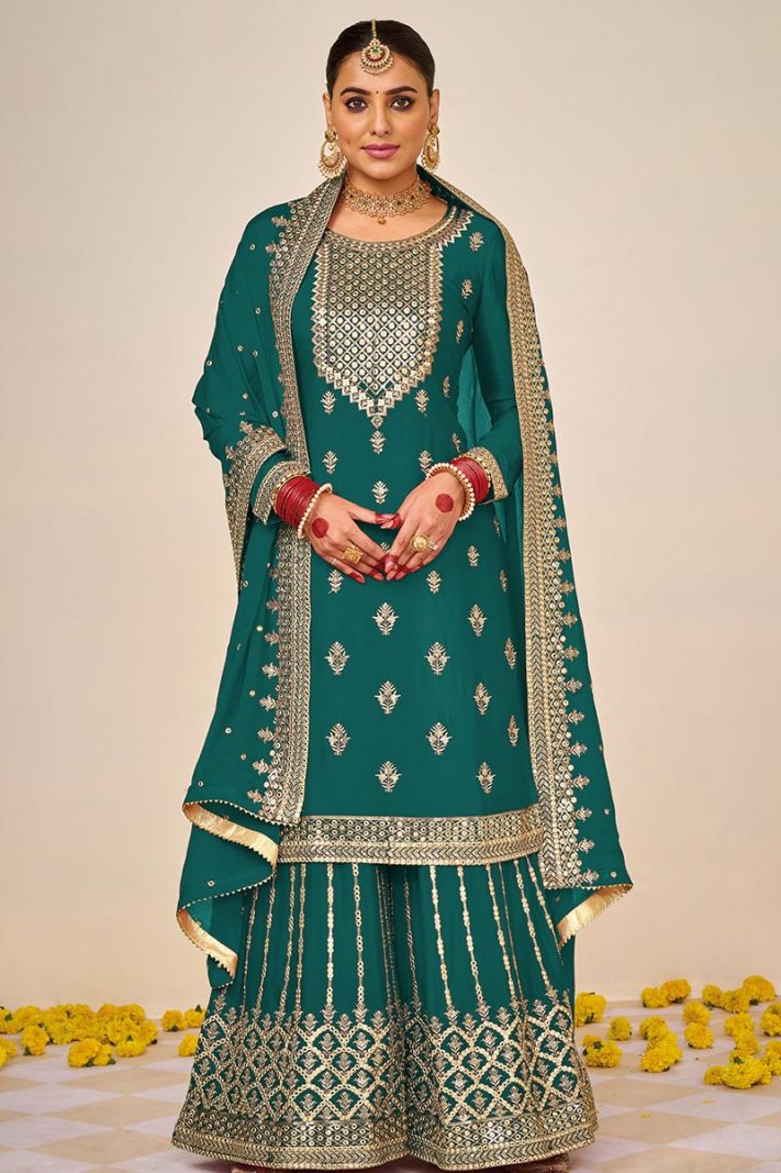 Teal Green Color Heavy Faux Georgette Fabric Festive Wear Palazzo Suit