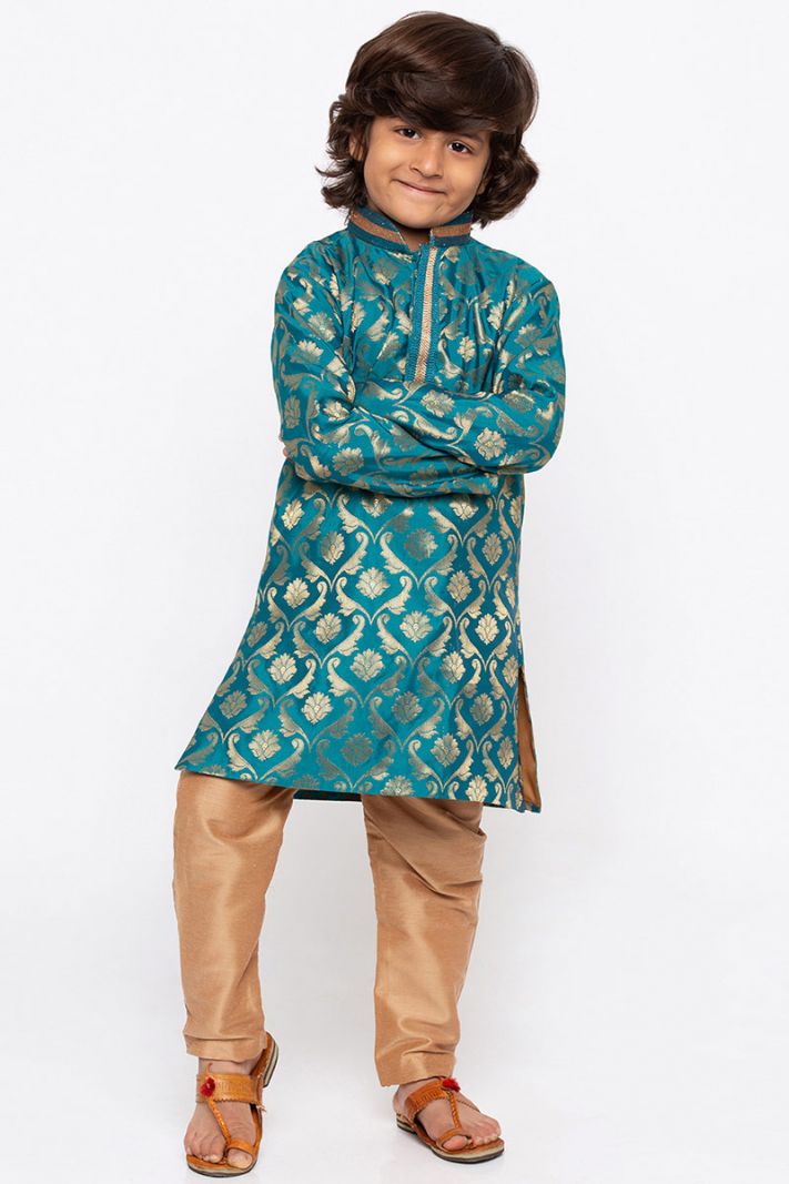 Teal Green Cotton Silk Kurta and Golden Pajama For Diwali