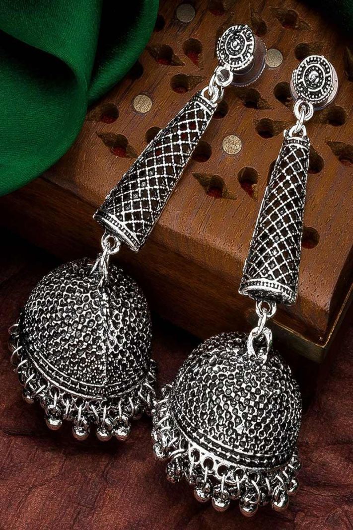 Traditional Silver Oxidized Earing Set For Bride