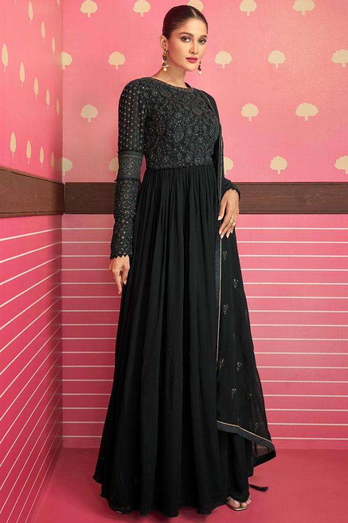 Wedding Wear Black Color Real Georgette Anarkali Suit