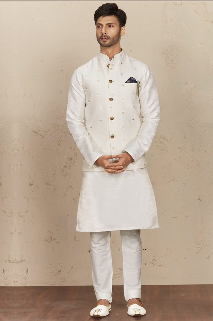 White Art Silk Kurta Pajama with Waistcoat Set For Diwali 