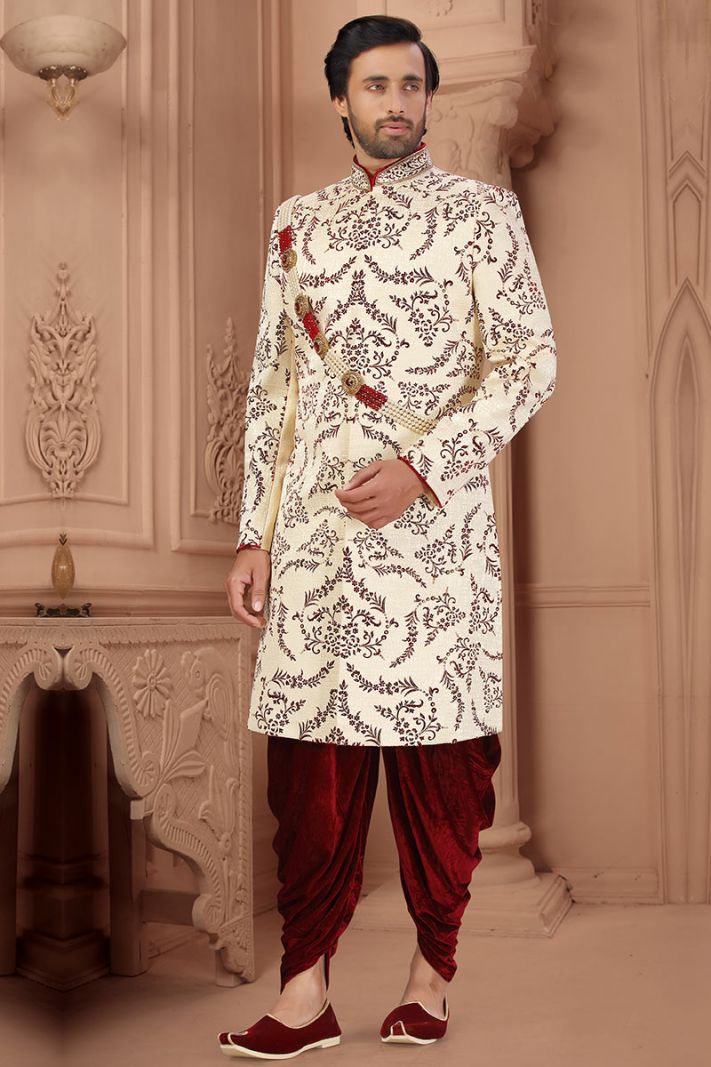 White Designing Art Silk Sherwani with Maroon Velvet Dhoti