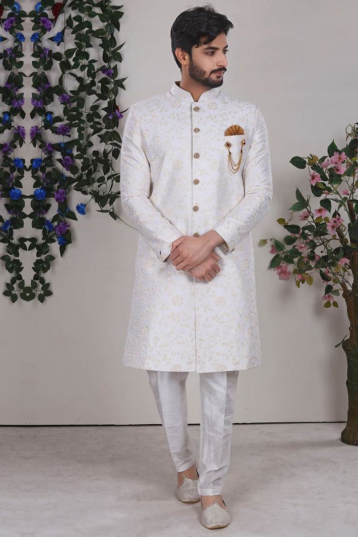 White Imported Fabric Party Wear Sherwani with Aligarhi Pant