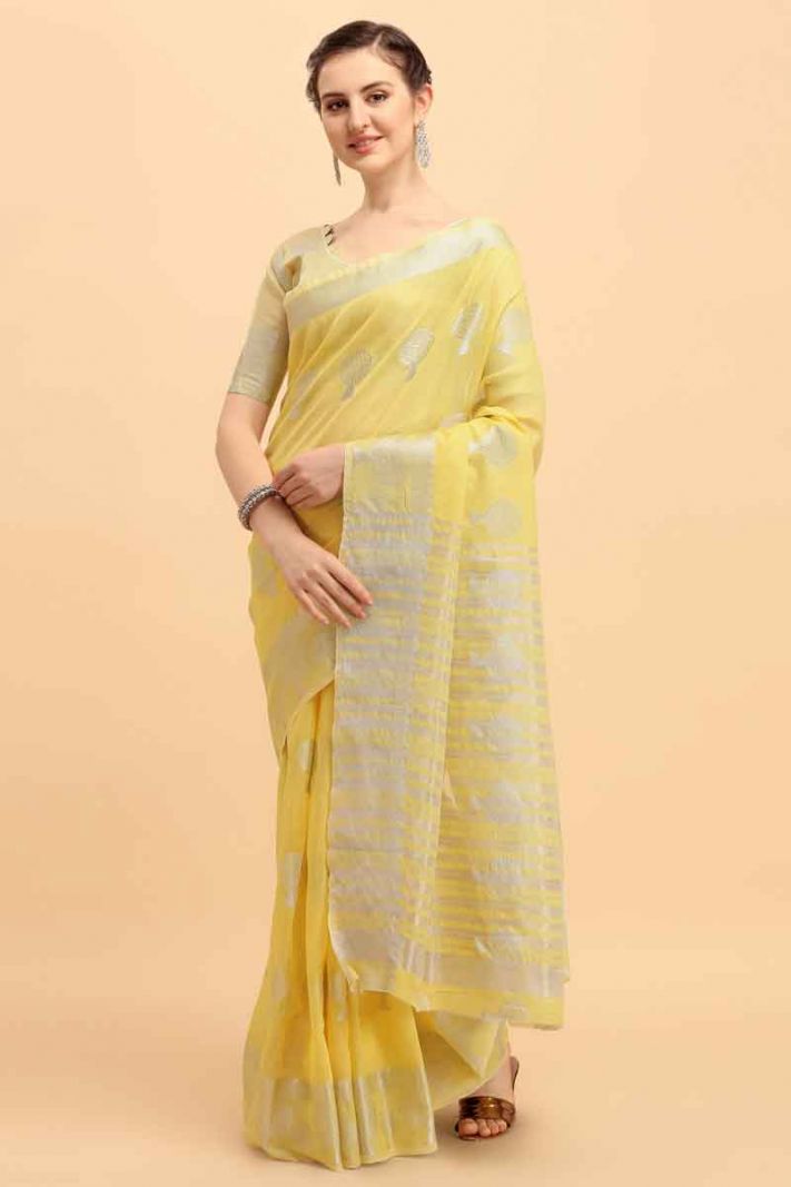 Yellow Banarasi Cotton Saree With Wevon Silver Jari