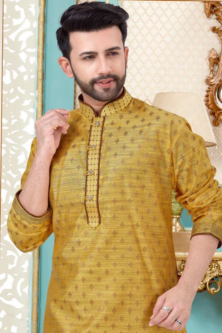 Yellow Banarasi Silk Kurta and Antique Color Churidar Pajama For Diwali