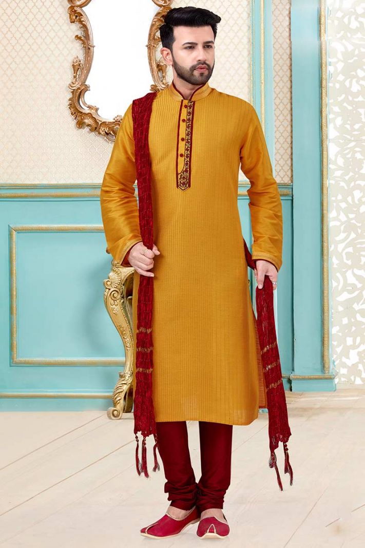 Yellow Banarasi Silk Kurta and Maroon Churidar Pajama For Diwali