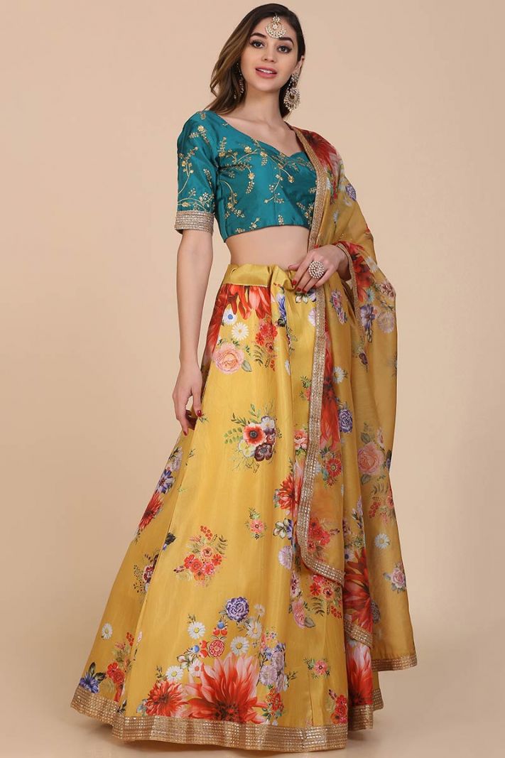 Yellow Color Banglori Silk Floral Printed Lehenga Choli