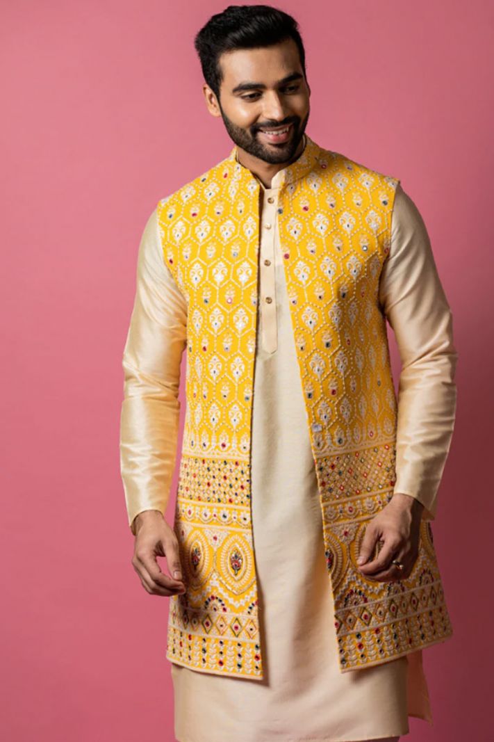 Yellow Color Long Jacket Set in Lucknowi