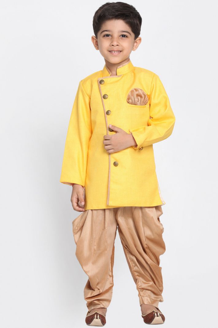 Yellow Cotton Silk Kurta and Gold Dhoti For Diwali