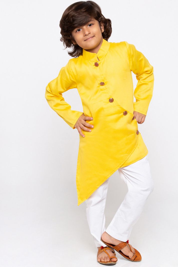 Yellow Cotton Silk Kurta and White Pajama For Diwali