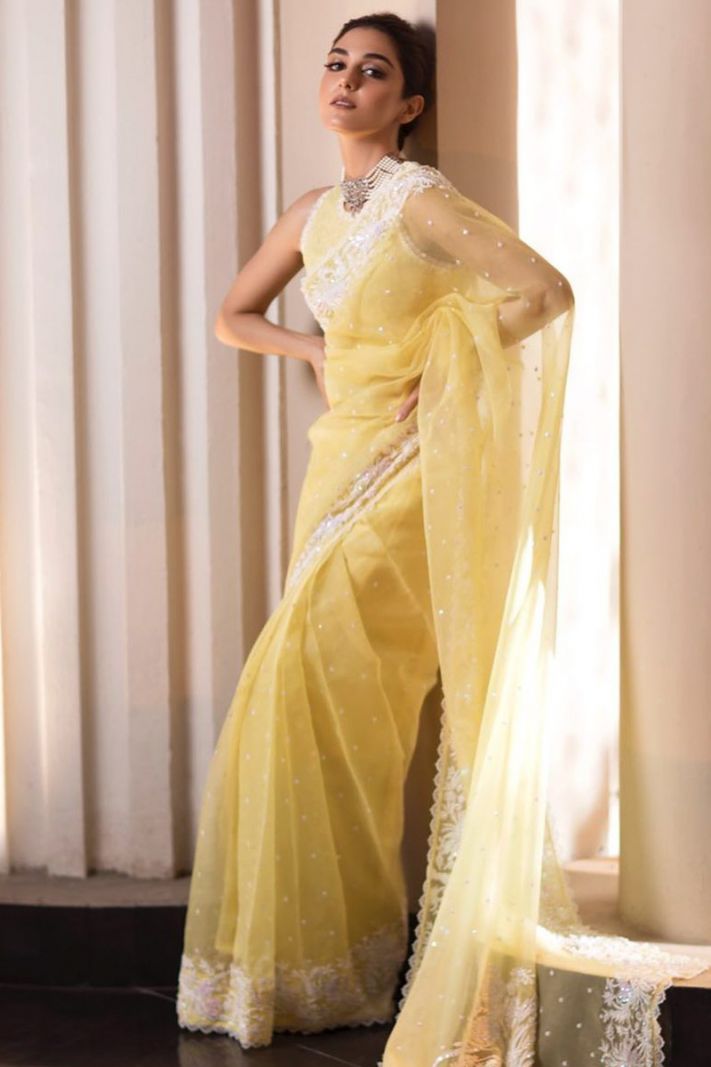 Yellow Net Fabric Partywear Saree with Zari Work