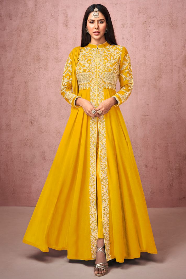 Yellow Real Georgette Anarkali Suit For Haldi Ceremony