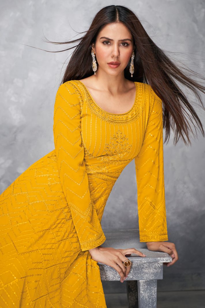 Yellow Real Georgette Eid Designer Anarkali Suit