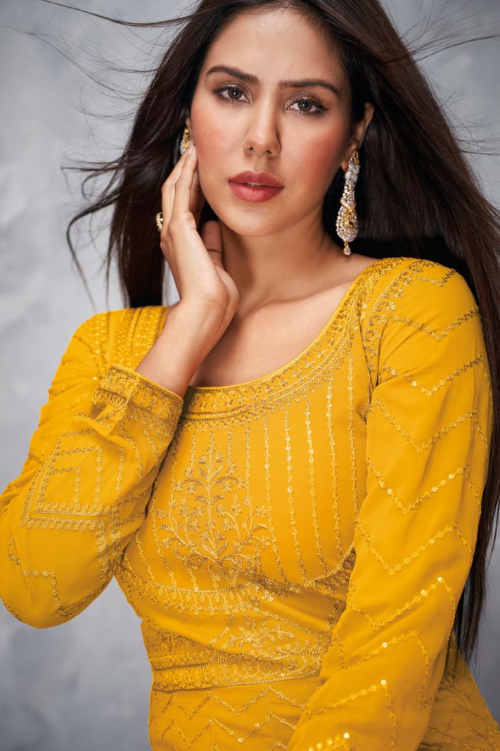 Yellow Real Georgette Eid Designer Anarkali Suit