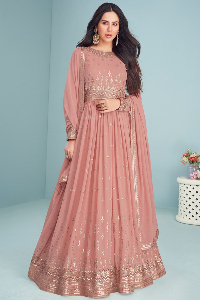 Pink Golden Embroidered Layered Anarkali Suit | Bridal anarkali suits, Anarkali  dress, Anarkali suits