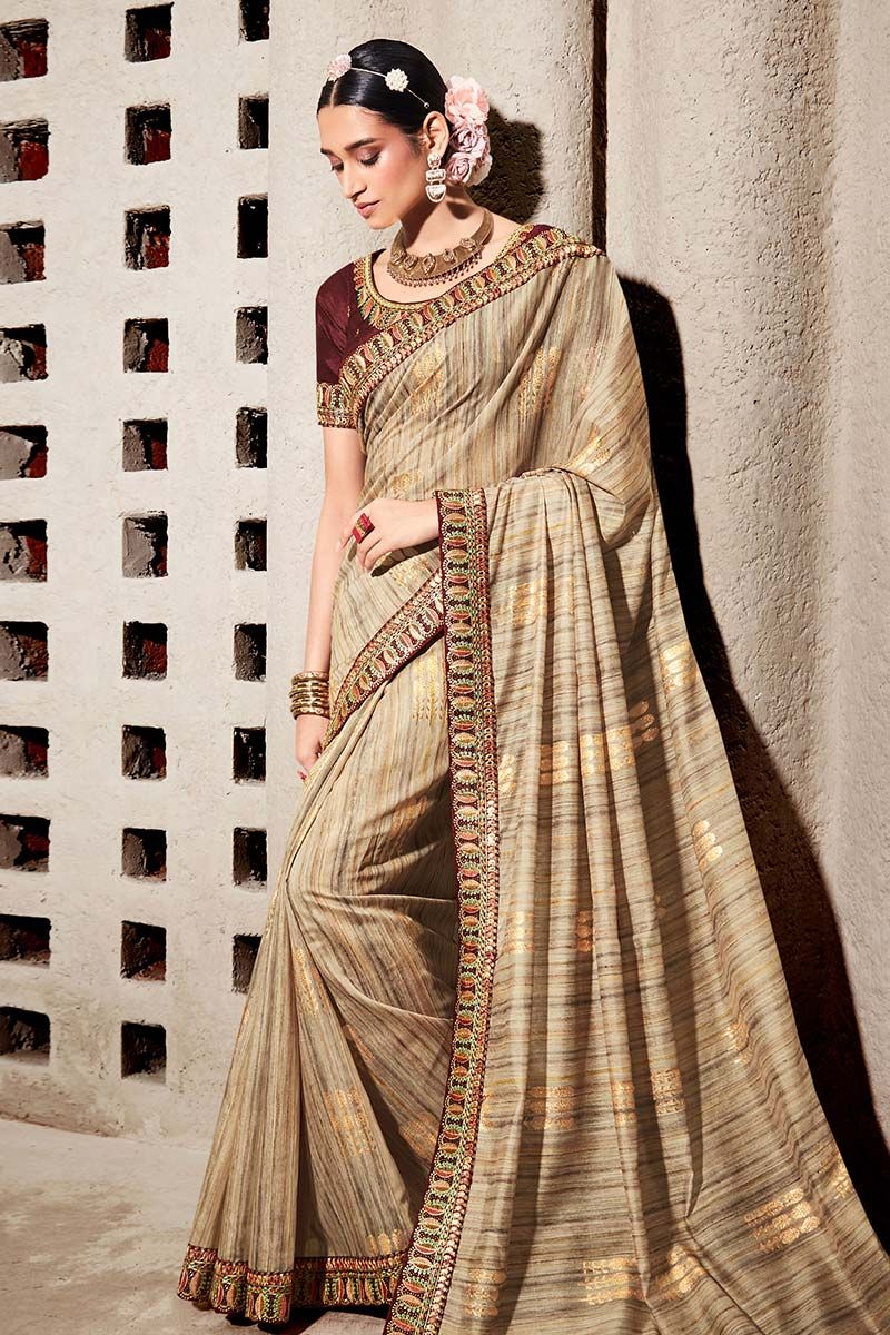 Embellished Sarees Online in India from Soch - Beige Crepe Ombre Ruffle  Ready To Wear Saree