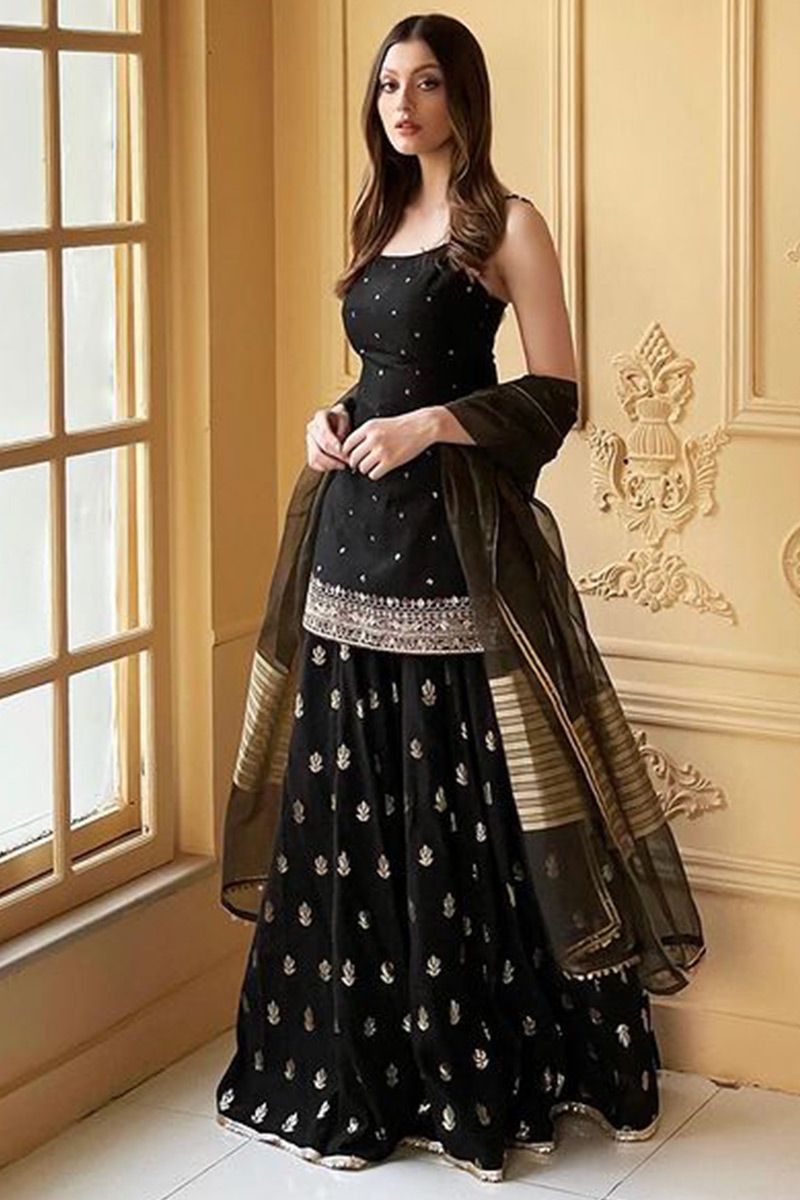 Buy Black Color Georgette Fabric Sharara Suit Online SALA2648