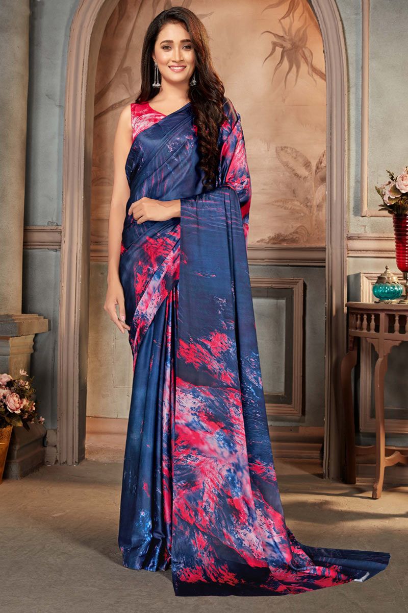 Jaanvi fashion Women's Crepe Silk Printed Saree, Blue, One Size :  : Clothing, Shoes & Accessories