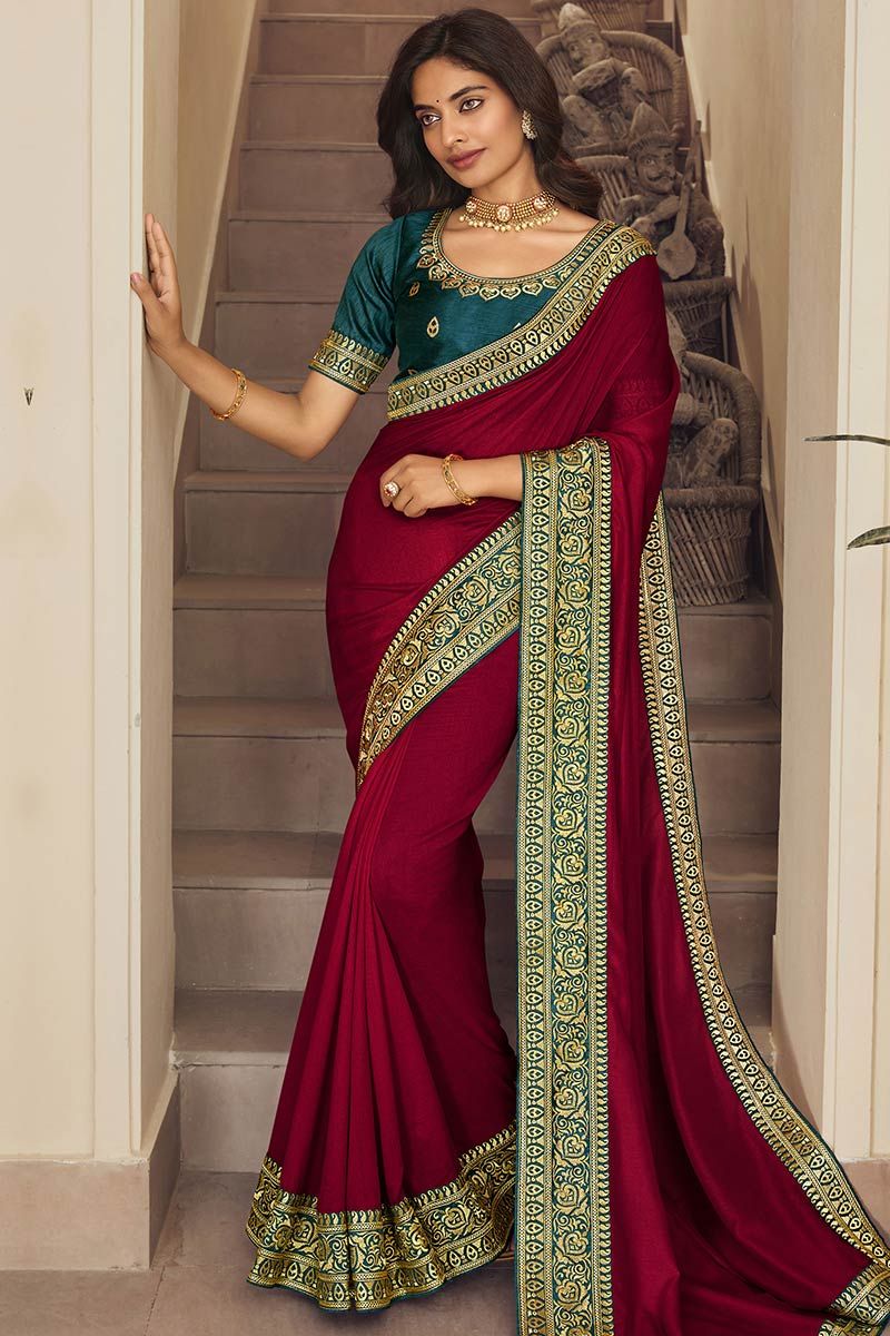Buy Bridal Wear Maroon Color Vichitra Silk Fabric Saree Online