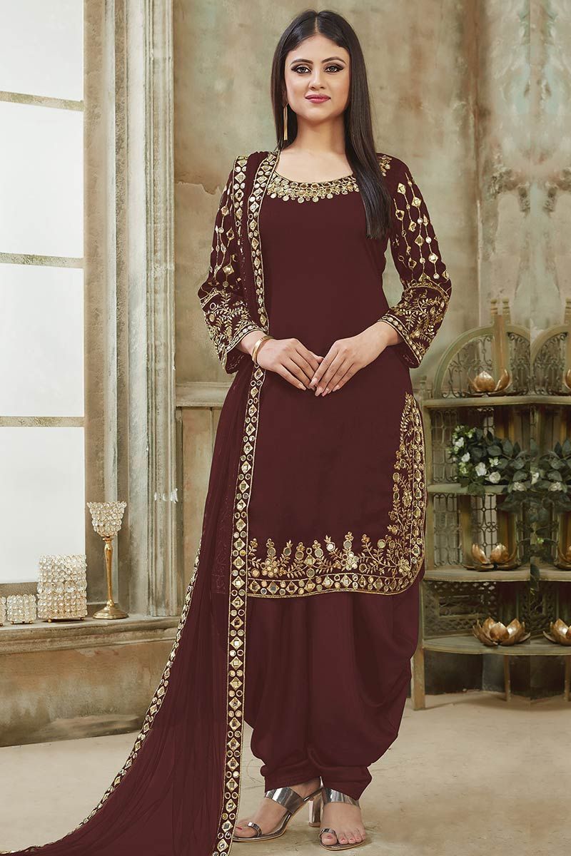 Buy Dark Brown Faux Georgette Fabric Patiala Suit Online