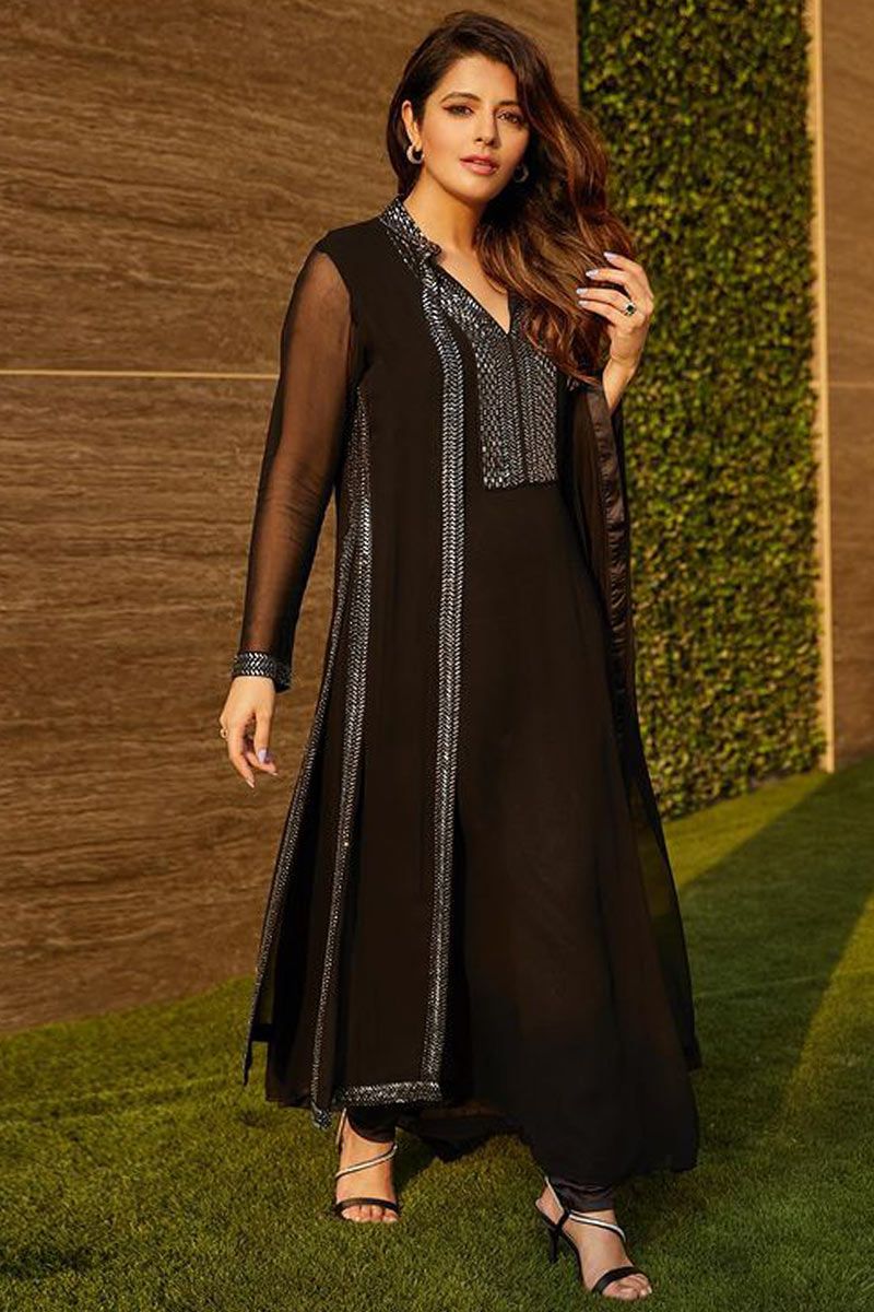 Banarasi Silk Black Churidar Salwar Suit buy online -