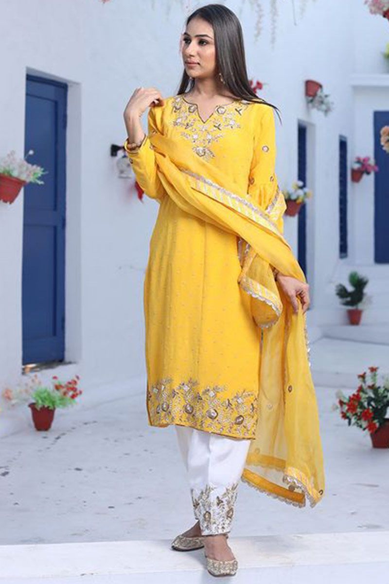 Beautiful yellow and white color party wear salwar suit material | Party  wear indian dresses, Indian designer outfits, Indian designer wear