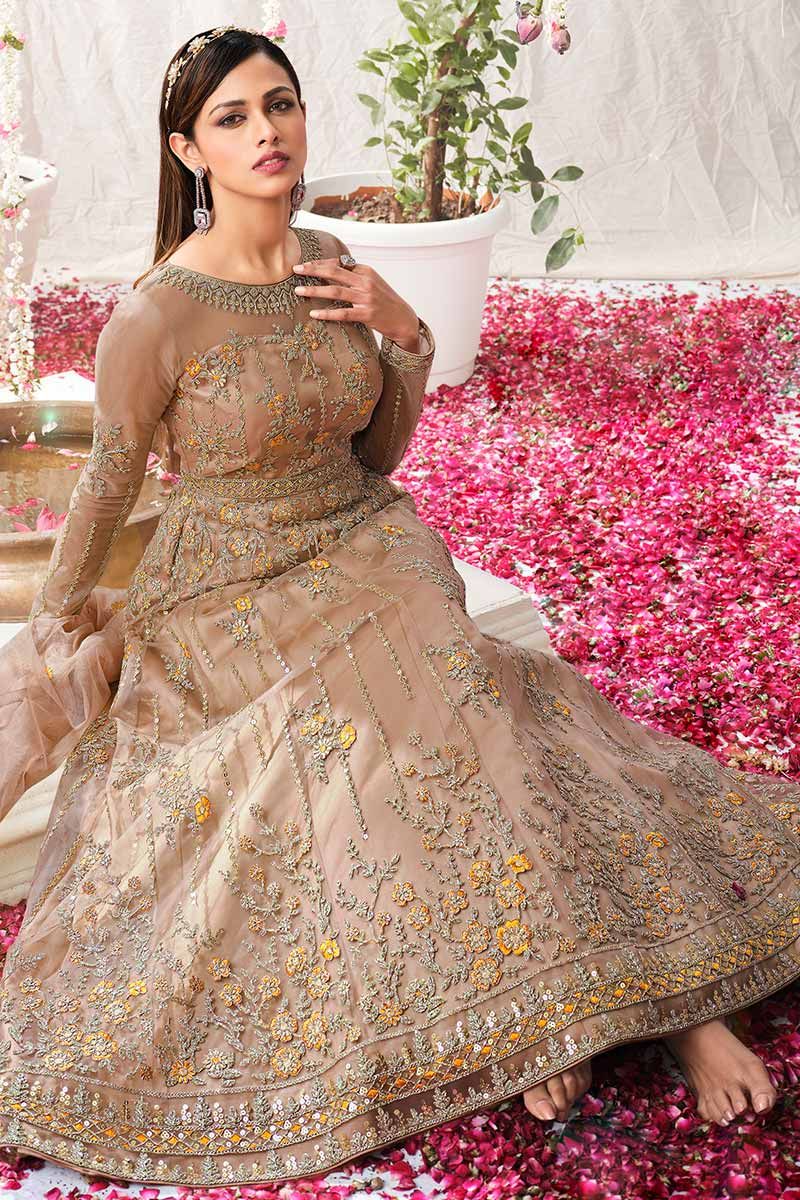 Peach Color Soft Butterfly Net Gown With Heavy Sequence and Embroidery Work  in USA, UK, Malaysia, South Africa, Dubai, Singapore