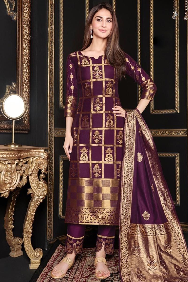 Buy Designer Purple Color Banarasi Jacquard Trouser Suit Online - SALV2734