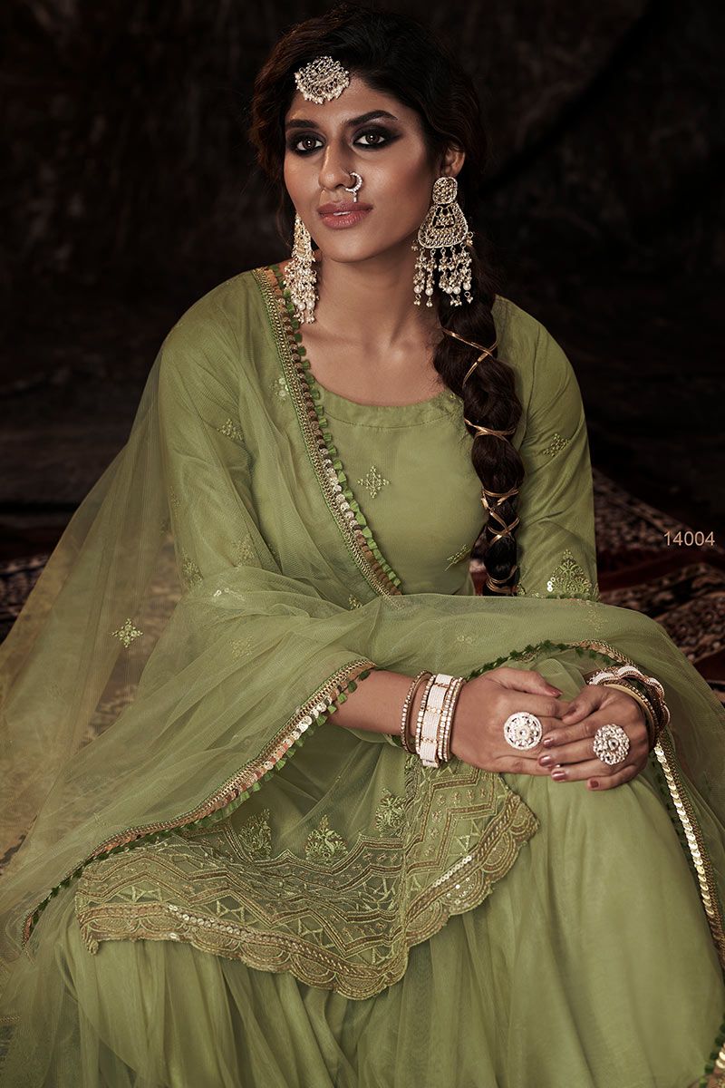Mehendi Green Color Silk Georgette Saree - Tariq Collection Yf#21184