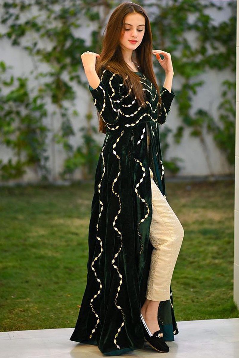 Specially For Mehendi Function Look Fabulous With This Mehendi Green Dress  Mehendi Green Flared Kurti … | Girls night dress, Long dress design, Blouse  designs silk