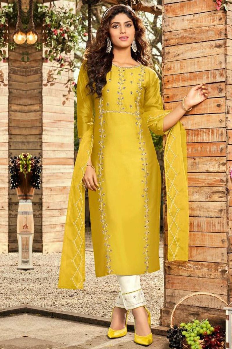 Buy Haldi Wear Straight Pant Suit in Mustard Color Online - SALV2760