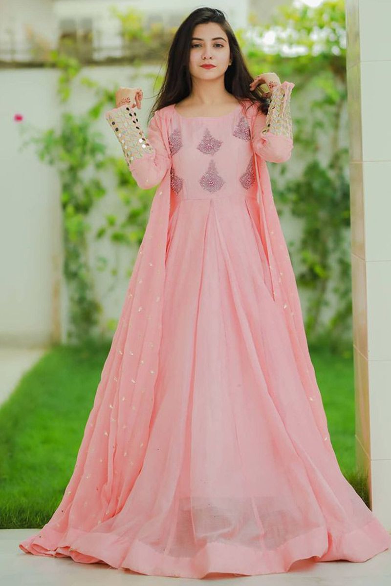 Graceful Onion pink Sequins & Thread Anarkali Gown with Matching Dupatta.