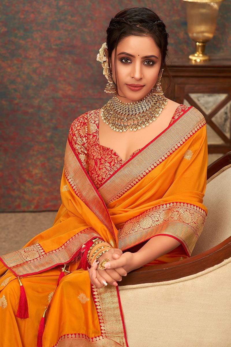 Buy Online Mustard Yellow Saree with Embroidered Border| Matching Blouse –  Pure Elegance