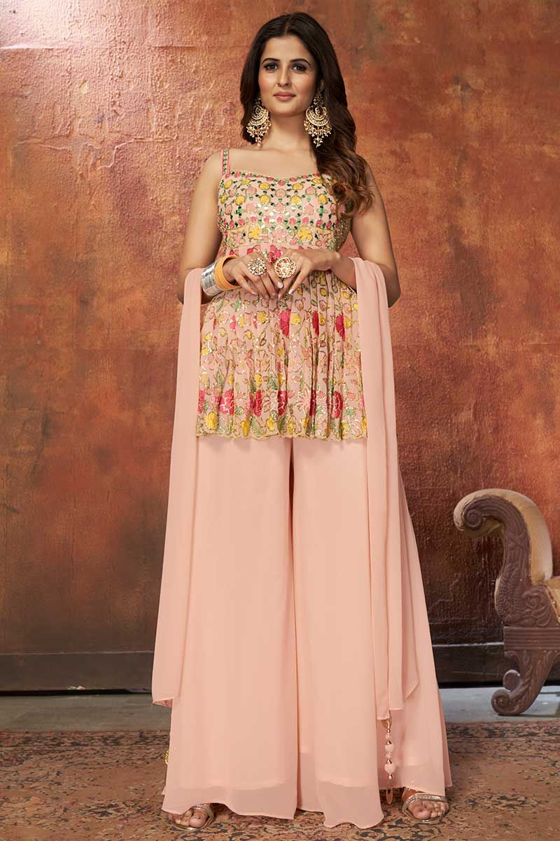 Buy Peach Color Gerogette Fabric Palazzo Suit with Resham Work