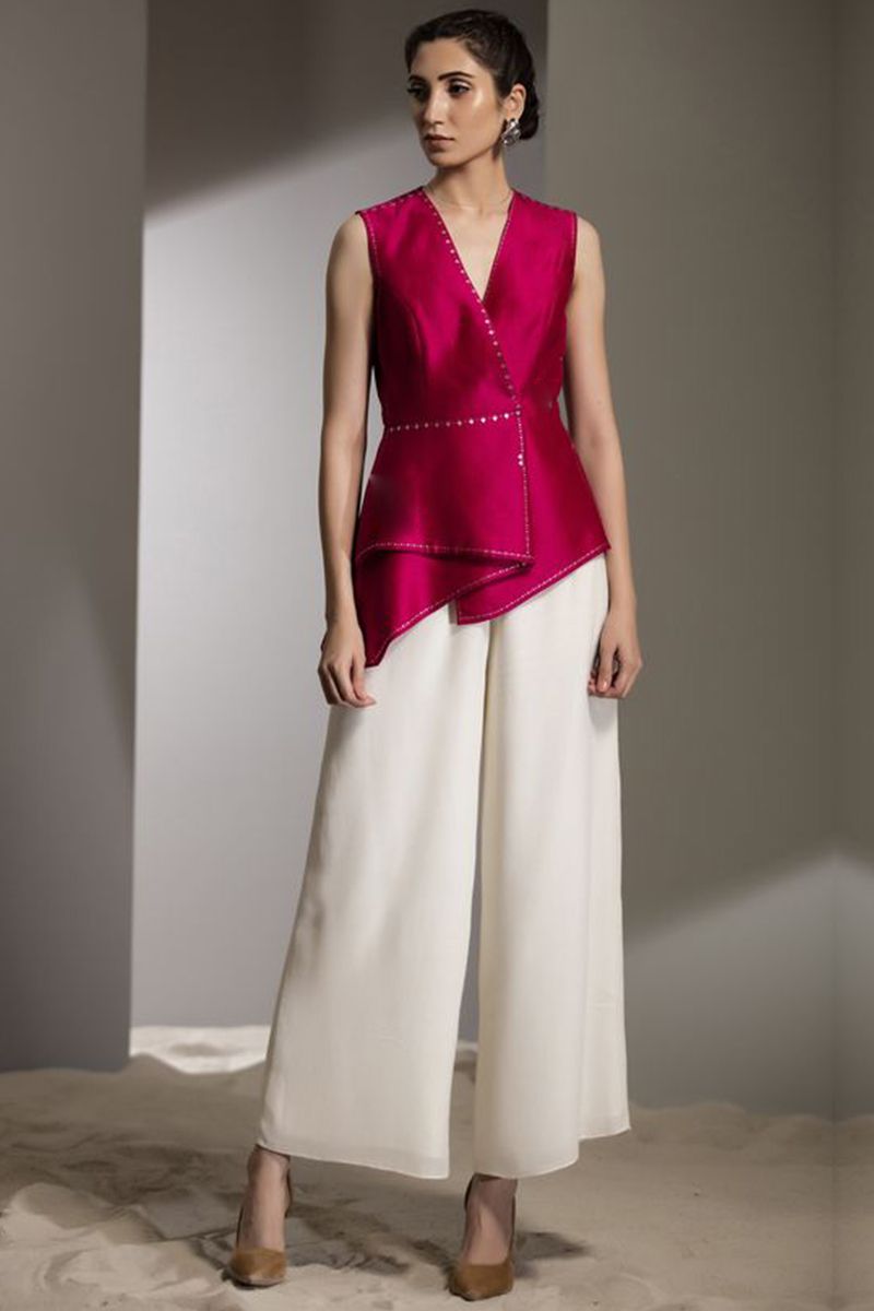 Buy Pink and White Color Linen Satin Top with Chiffon Pants Online
