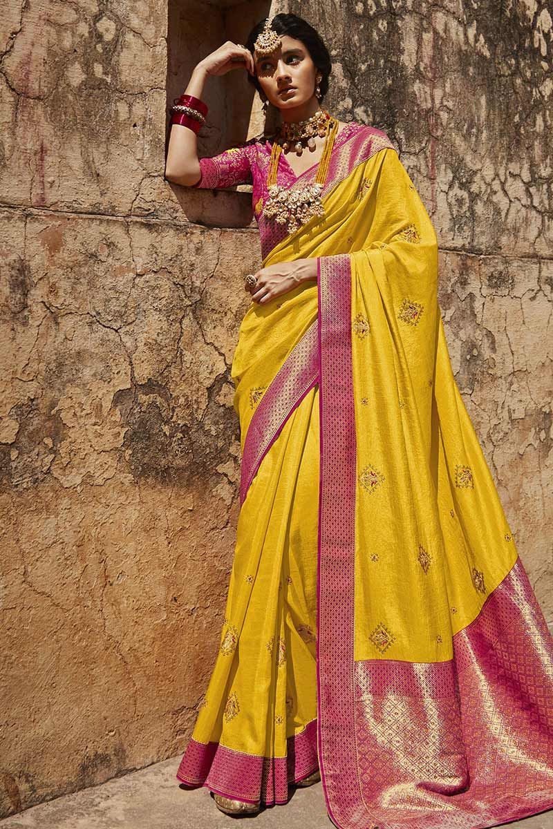 Buy Yellow Color Silk Fabric Haldi Saree Online - SREV2775 | Appelle Fashion